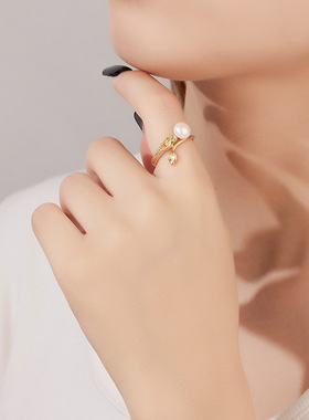 戒指女小众级S925纯银珍珠中式国潮开口指环女空托配件diy银饰品