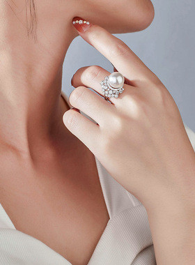 S925纯银澳白高亮贝珠戒指女小众设计款轻奢高级感指环DIY银戒托