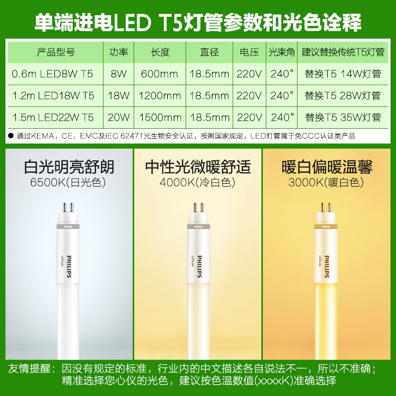 飞利浦LED灯管T5日光灯光管办公室格栅灯荧光灯改造0.6m1.2米超亮-图1