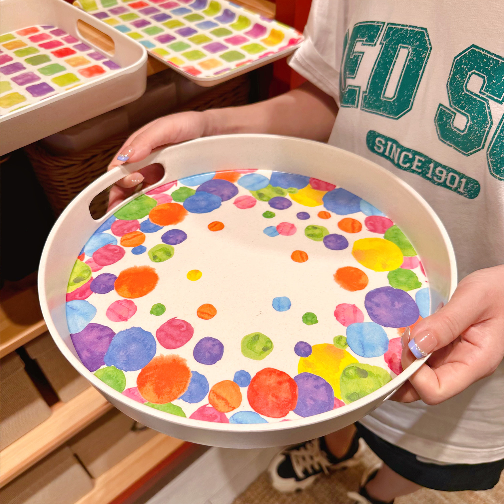 原创ins炫彩手绘风竹纤维双耳托盘家用杯具收纳深盘面包点心平盘,淘宝优惠券,粉丝福利购,淘宝优惠卷