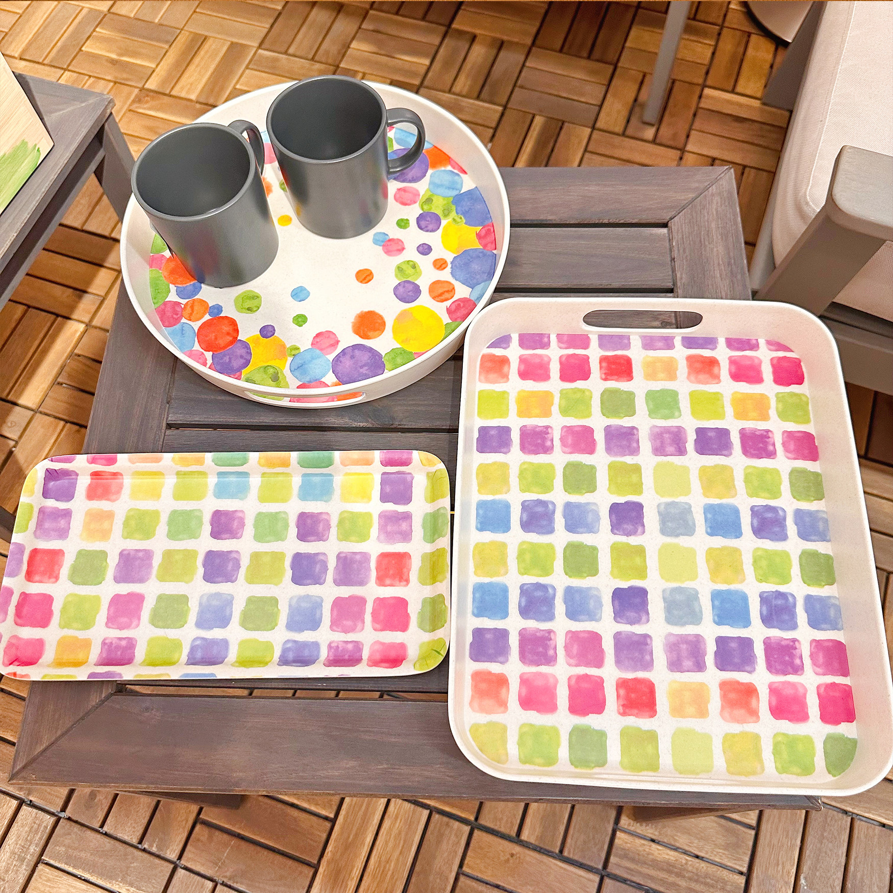 原创ins炫彩手绘风竹纤维双耳托盘家用杯具收纳深盘面包点心平盘,淘宝优惠券,粉丝福利购,淘宝优惠卷