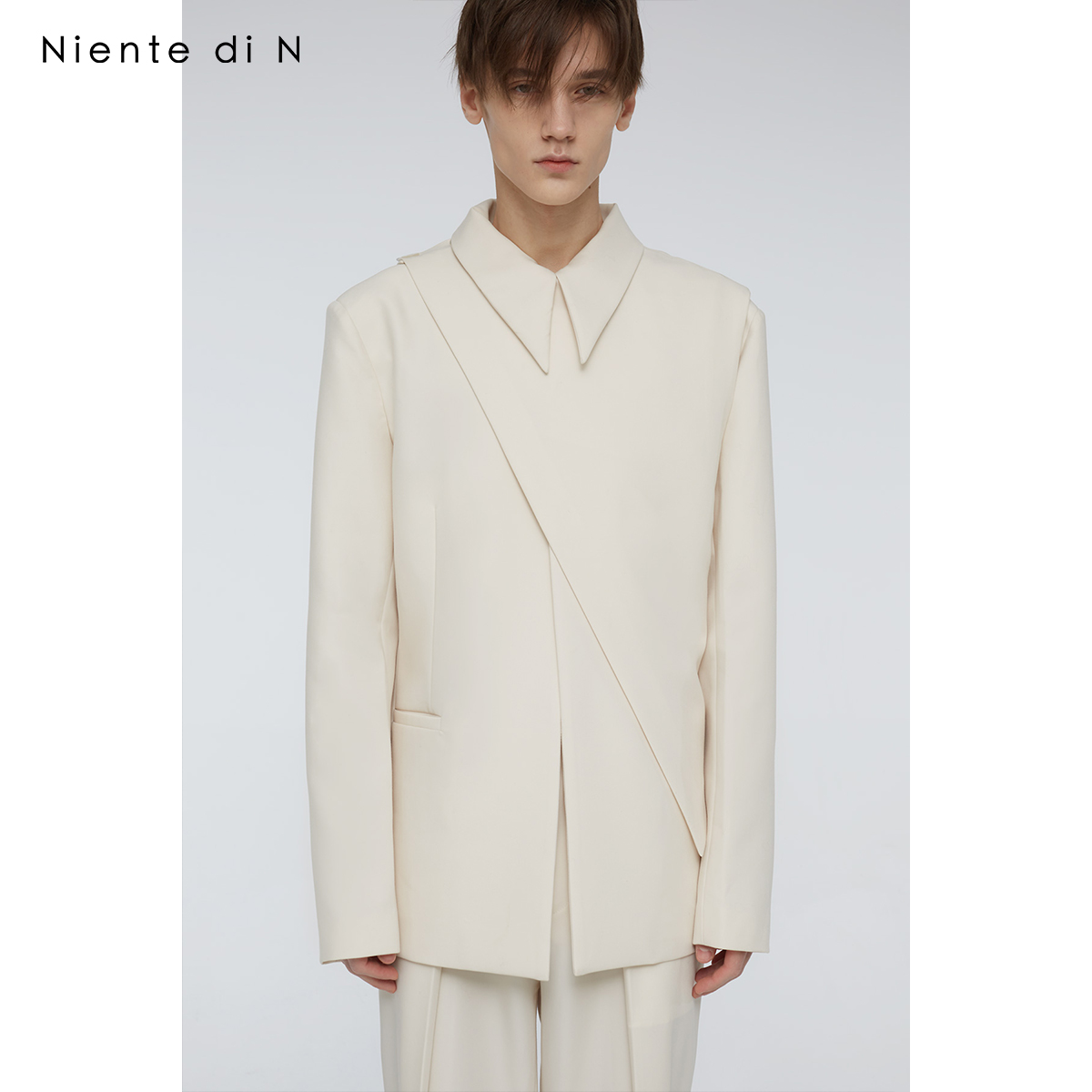 Niente di N原创设计不对称斜扣西服一粒扣极简风廓形显瘦外套男-图0