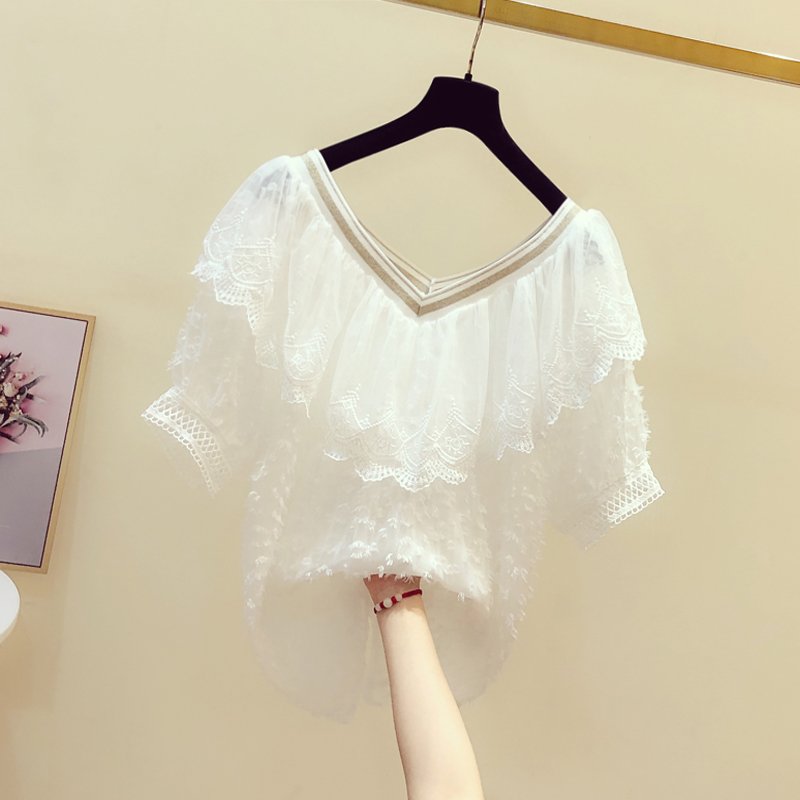 子墨精品时装夏季新款荷叶边拼接V领薄款雪纺衫女设计感洋气甜美显瘦上衣1