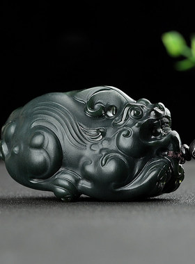 和田玉貔貅手把件新疆塔青玉一细