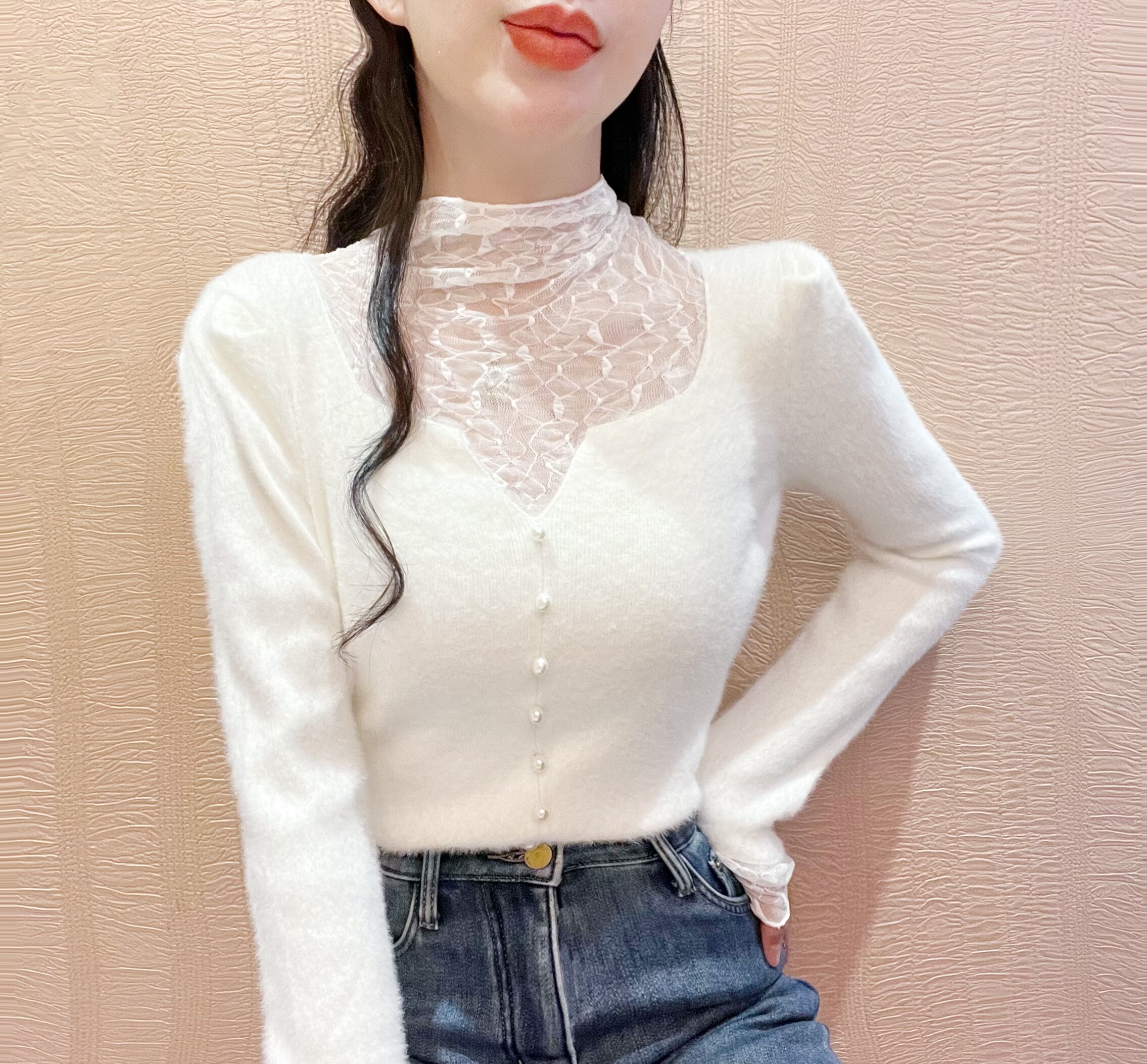 仿水貂绒毛衣女蕾丝拼接加厚保暖高领内搭新款针织打底衫修身上衣,淘宝优惠券,粉丝福利购,淘宝优惠卷