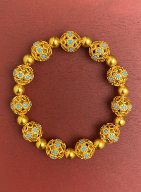 新中式国潮风珐琅彩镂空花丝手链蓝色珐琅彩圆珠单圈手串