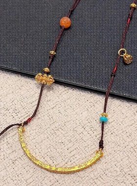 新中式国潮风称心如意吉言金弯管项链女多宝微笑挂绳流苏毛衣链