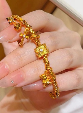 新中式古法沙金点钻拉丝四芒星桶珠小熊盘缠手链四叶草小众手串女