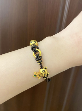 新中式国潮风古法竹子熊猫足球平安扣手链可调节亲子情侣手绳