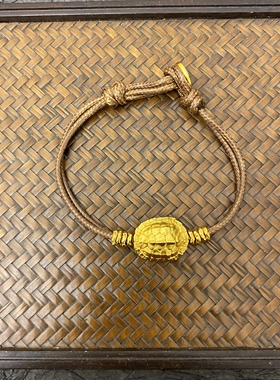 新中式国潮风古法实心鎏金錾刻黄财神盘缠富甲一方皮绳乌龟手链