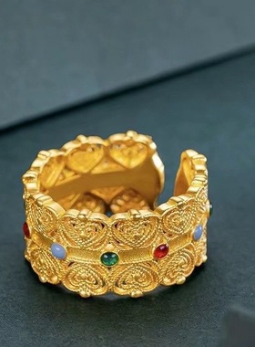 古法花丝镂空皇冠宫廷戒指金色轻奢高级珐琅指环气质开口百搭戒指