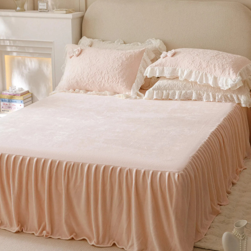 冬季超仙少女粉色加绒加厚四件套公主风毛绒珊瑚牛奶绒蕾丝边被套