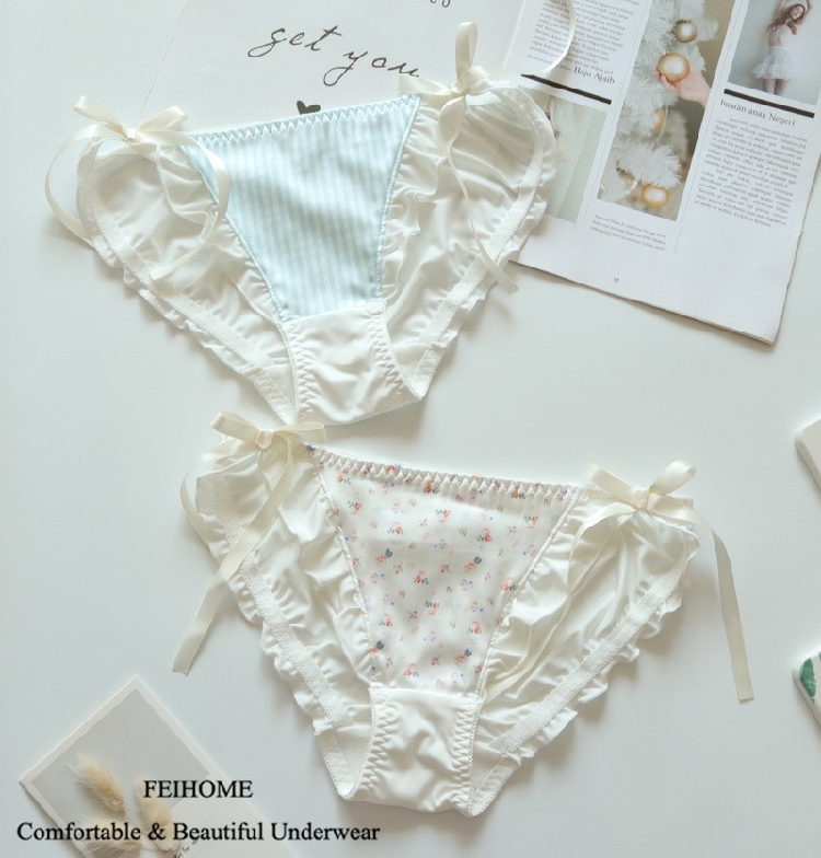 N482舒适女士低腰牛奶丝面料蝴蝶结碎花格子清新女生内裤 M/L/XL - 图0
