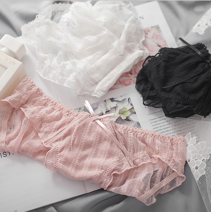 N600舒适女士低腰中腰泡泡蕾丝薄款透气蝴蝶结可爱女生内裤M/L/XL - 图2