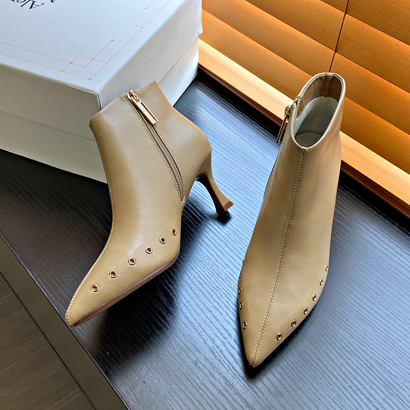 2023新款高跟短靴女秋冬季细跟尖头中跟裸靴女靴加绒小跟单靴5CM - 图3