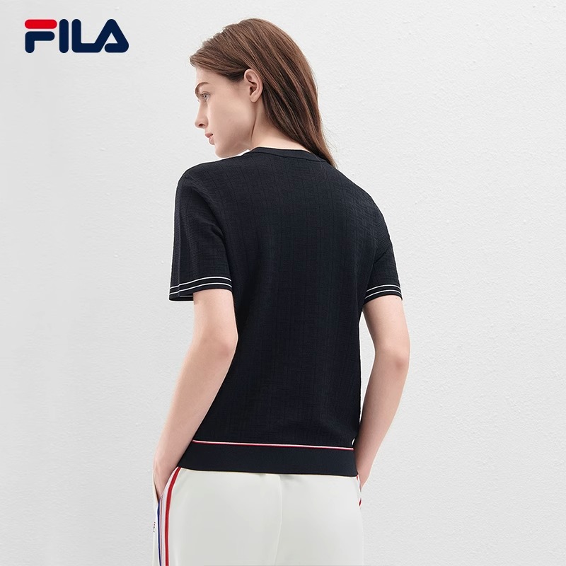 FILA 斐乐官方女子编织衫2024夏季新款时尚休闲简约基础短袖上衣 - 图0