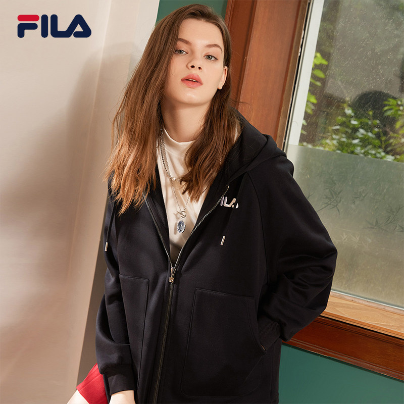 FILA斐乐女士外套2025秋季新款官方小熊宽松加绒连帽休闲针织上衣