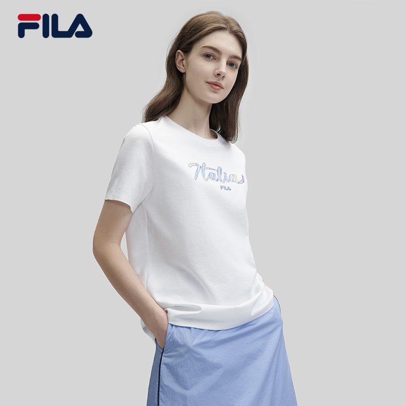 FILA Emerald斐乐女子针织短袖衫2024夏新款时尚休闲舒适刺绣T恤 - 图0