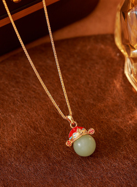 新中式玉髓财神爷项坠玛瑙项链复古轻奢招财爷吊坠小官帽精致