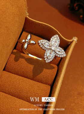 锆石幸运草花朵开口戒指小众高级感指环精致轻奢时尚百搭手饰批发