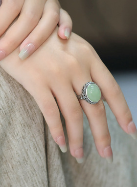 复古国风镂空蛋面戒指女新中式民族风小众设计仿和田玉开口指环