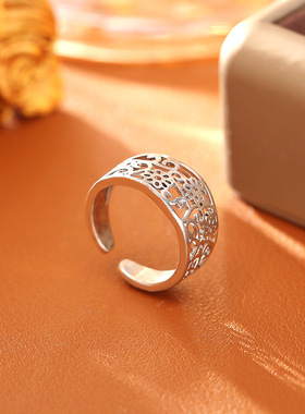 复古风镂空碎花开口戒指高级感时尚小众个性设计活口戒金属风指环