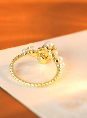 甜美玫瑰花小珍珠可调节开口指环不掉色女小众高级食指戒批发代发