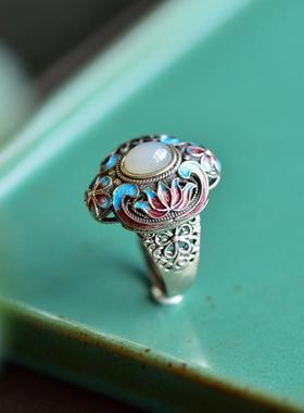 925银镀金圆形景泰掐丝烧蓝牡丹花民族风宫廷风复古情侣气质戒指