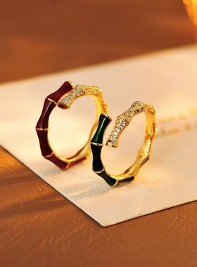 高版本步步高竹节戒指女珐琅彩高级感锆石开口戒韩版指环批发代发