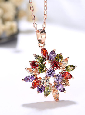 日韩国蒙娜丽莎七彩锆石戒指 百搭水晶花朵指环个性项链耳环套装