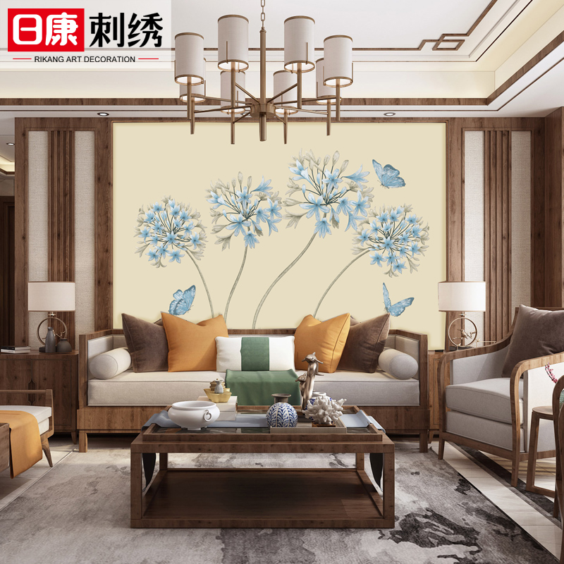 独绣刺绣墙布卧室床头书房客厅餐厅沙发电视背景中式壁布春风化蝶