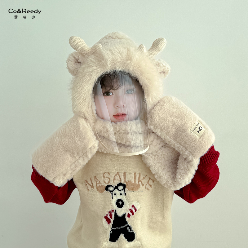 儿童帽子秋冬季厚款保暖抗寒男女宝宝防风面罩防飞沫鹿角围巾一体