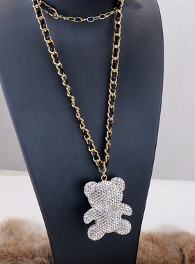 水晶满钻长款编织链条小熊毛衣链
