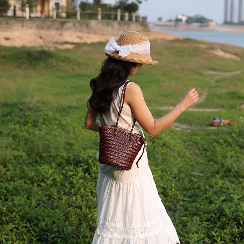 小众法式复古手工头层牛皮真皮编织包包水桶小包单肩包菜篮子包包,淘宝优惠券,粉丝福利购,淘宝优惠卷