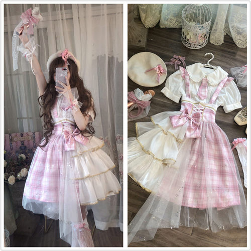 逗酱原创Lolita樱之恋少女小偶像打歌服格子高腰领带jk制服背带裙 - 图0