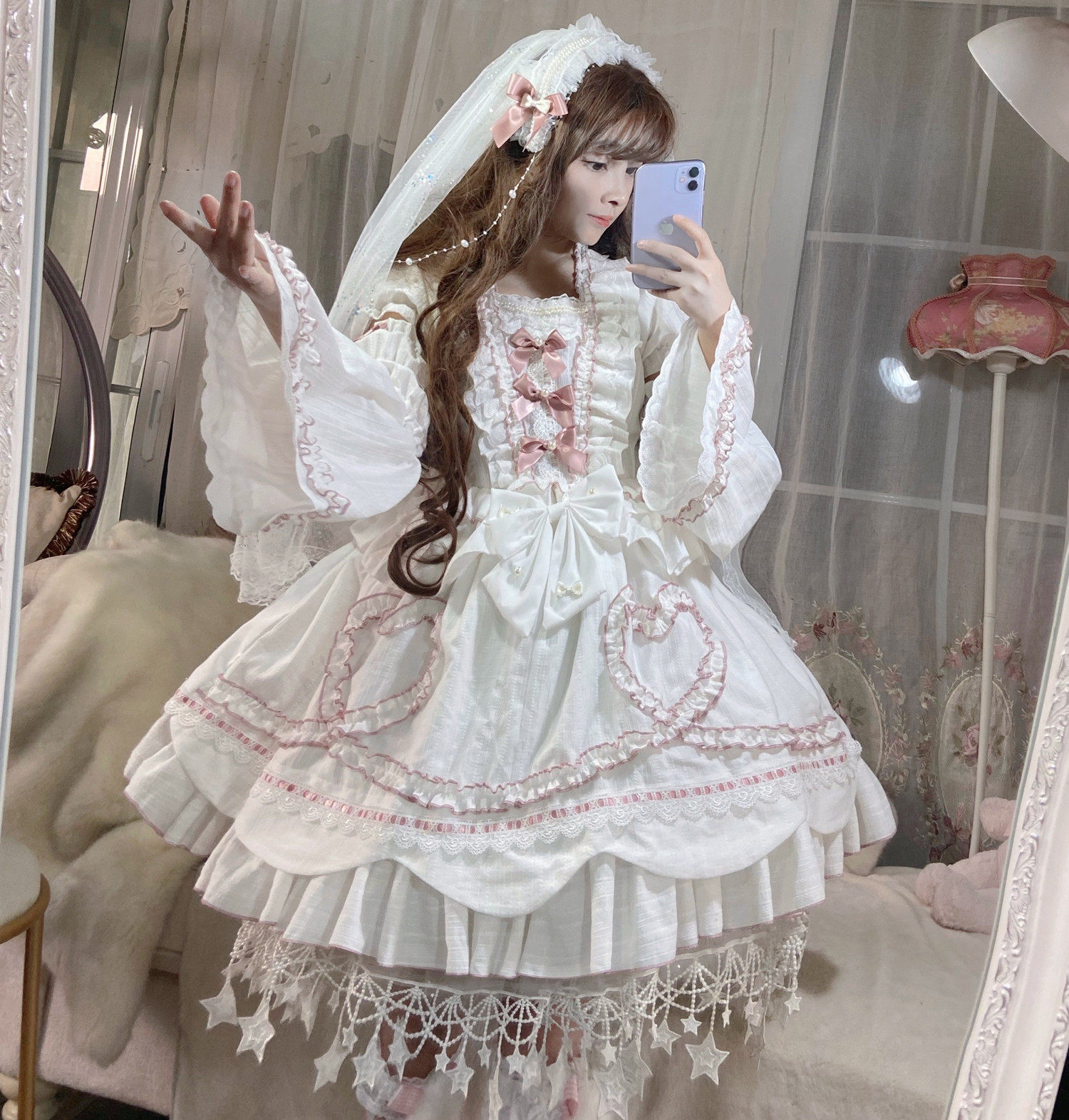 逗酱原创Lolita纯恋物语doll古早提花棉布珍珠拼接姬袖花嫁连衣裙_虎窝淘
