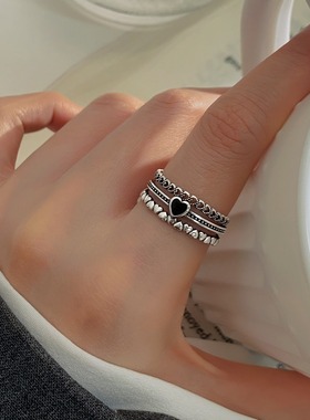 饰尚e族黑色滴釉爱心戒指女花边气质优雅开口指环ins小众个性百搭