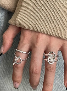 饰尚e族甜酷几何线条戒指女时尚个性创意S925镀银开口链条双层指
