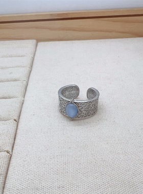 饰尚e族椭圆蓝色锆石戒指女法式复古轻奢宫廷风开口指环网