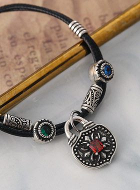 饰尚e族复古挂锁吊坠手链女编织绳个性百搭S925镀银几何手环做旧