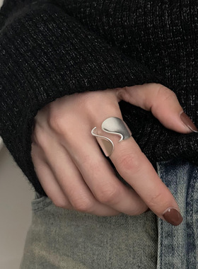 饰尚e族几何曲面戒指女轻奢精致宽边不规则S925镀银开口指环个性
