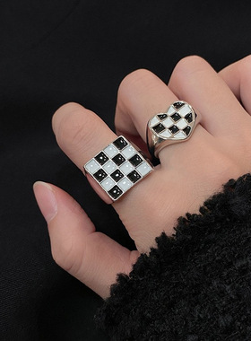 饰尚e族滴釉黑白拼色棋盘戒指女复古时尚方形宽边开口指环