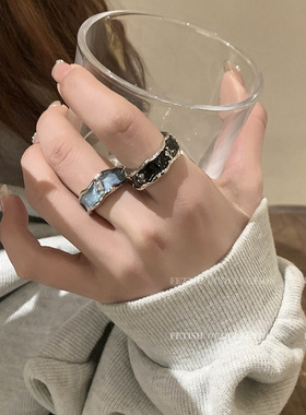 珐琅滴釉微镶锆石戒指女轻奢高级感薄荷蓝清新时尚开口指环可调节