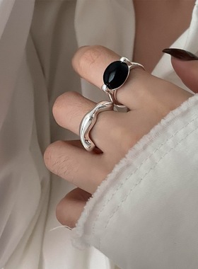 饰尚e族椭圆黑色锆石戒指女几何波浪线条不规则开口指环个
