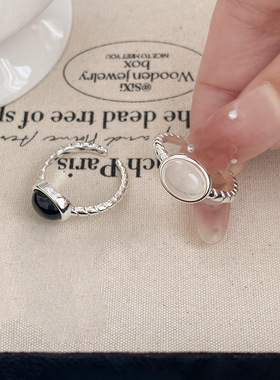 饰尚e族黑白色锆石戒指女精致优雅温柔开口指环气质甜酷叠戴百搭