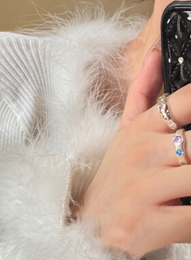 彩色锆石爱心戒指女小众设计食指戒开口可调节网红百搭指环