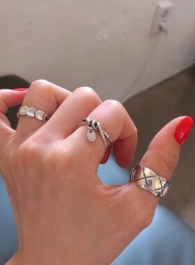 复古菱格宽版戒指女韩版时尚个性网格开口指环叠戴食指戒潮