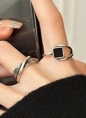 饰尚e族几何黑色方形戒指女复古时尚做旧开口戒指可调节指环