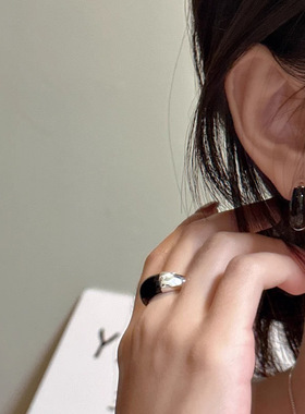 饰尚e族几何圆圈戒指女黑色滴釉精致大小开口指环叠戴创意