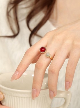 饰尚e族法式复古酒红色戒指女小众设计高级感轻奢开口个性